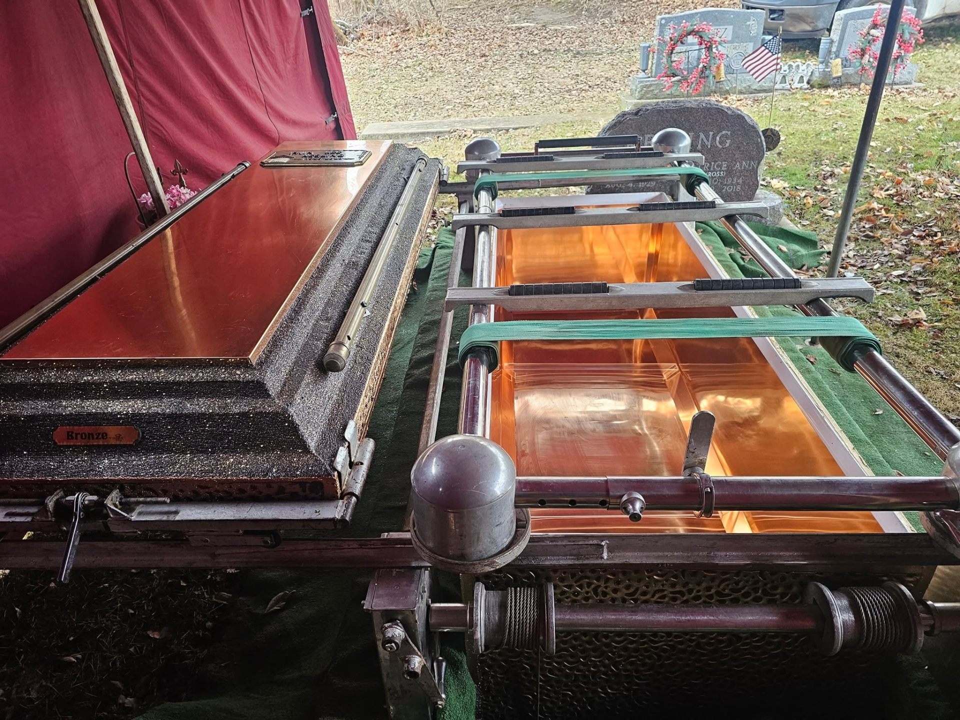 Bronze burial vault prepared for a graveside service in Cass County, Indiana